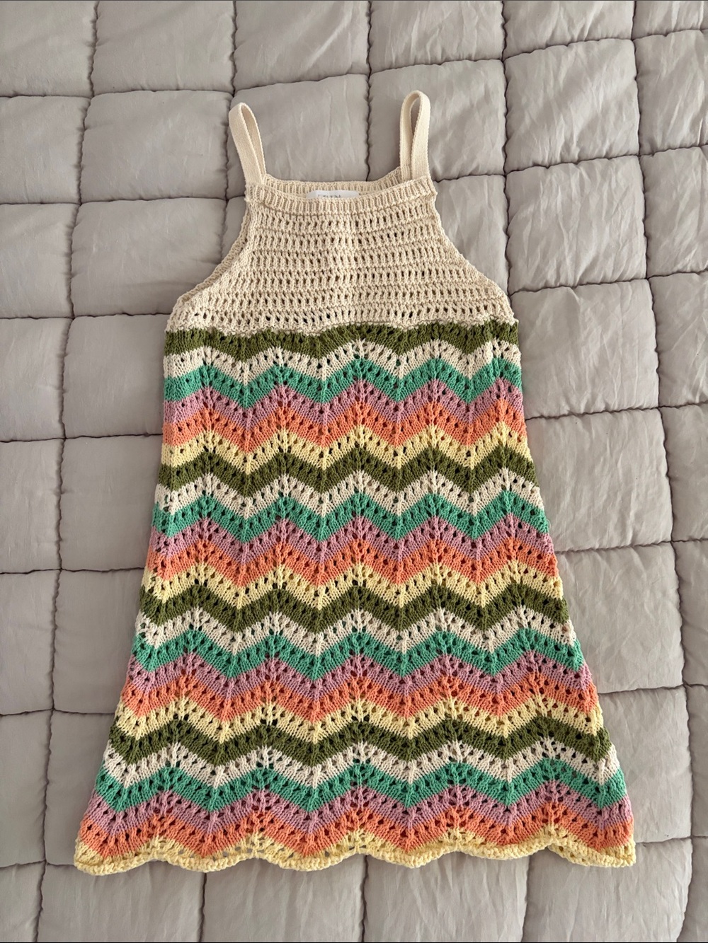 Zara Girls Crochet Chevron Cover-up Dress in Cream with Pastel Stripes